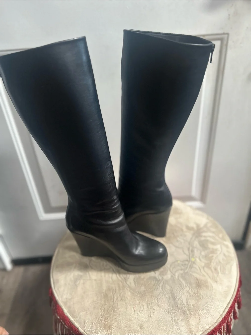 Christian Loubotin Black Tall Smooth chunky wedge platform Leather boots Sz 38